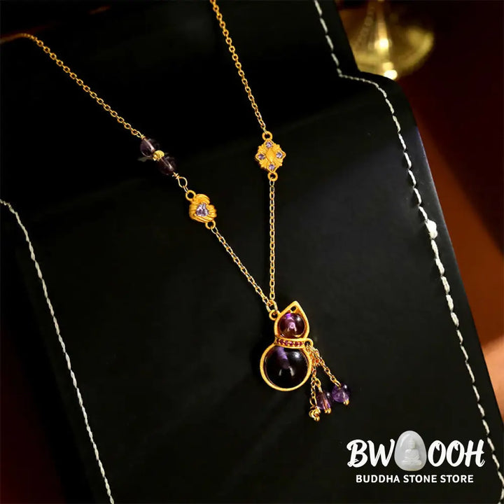 Buddha Stones Gourd Tassel Amethyst Copper Chain Meditation Necklace Pendant - BWOOOH - Gourd(Pendant Size: About