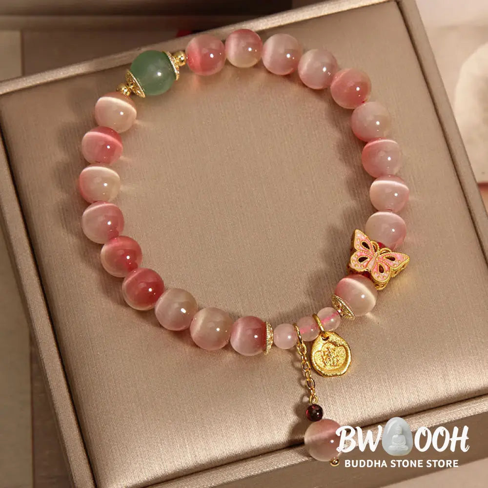 Buddha Stones Gradient Pink Cat’s Eye Butterfly Peace Bracelet - BWOOOH - Cat’s Eye(Wrist Circumference: 14-16cm)