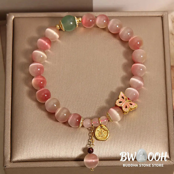 Buddha Stones Gradient Pink Cat’s Eye Butterfly Peace Bracelet - BWOOOH - Cat’s Eye(Wrist Circumference: 14-16cm)