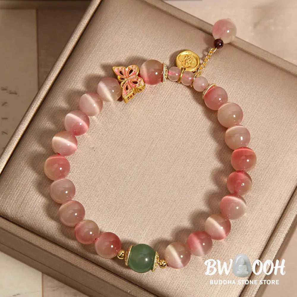 Buddha Stones Gradient Pink Cat’s Eye Butterfly Peace Bracelet - BWOOOH - Cat’s Eye(Wrist Circumference: 14-16cm)