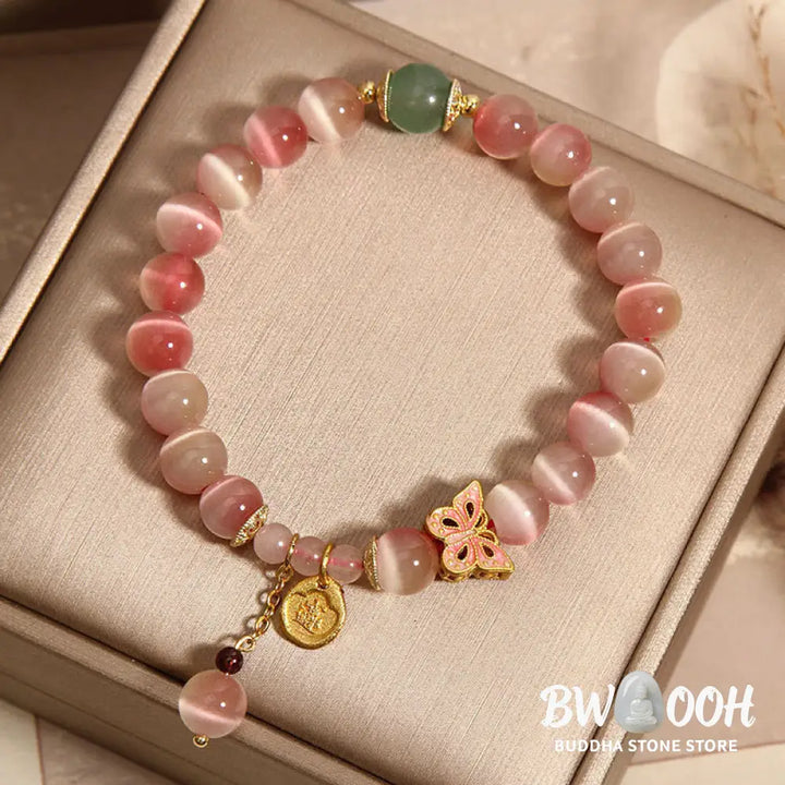 Buddha Stones Gradient Pink Cat’s Eye Butterfly Peace Bracelet - BWOOOH - Cat’s Eye(Wrist Circumference: 14-16cm)