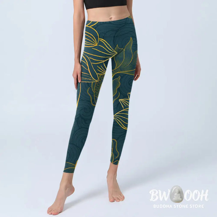 BWOOOH lotus print yoga leggings - Gray Golden Koi Fish Lotus Print Gym Leg