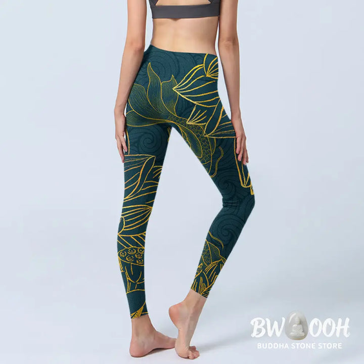 BWOOOH lotus print yoga leggings - Gray Golden Koi Fish Lotus Print Gym Leg