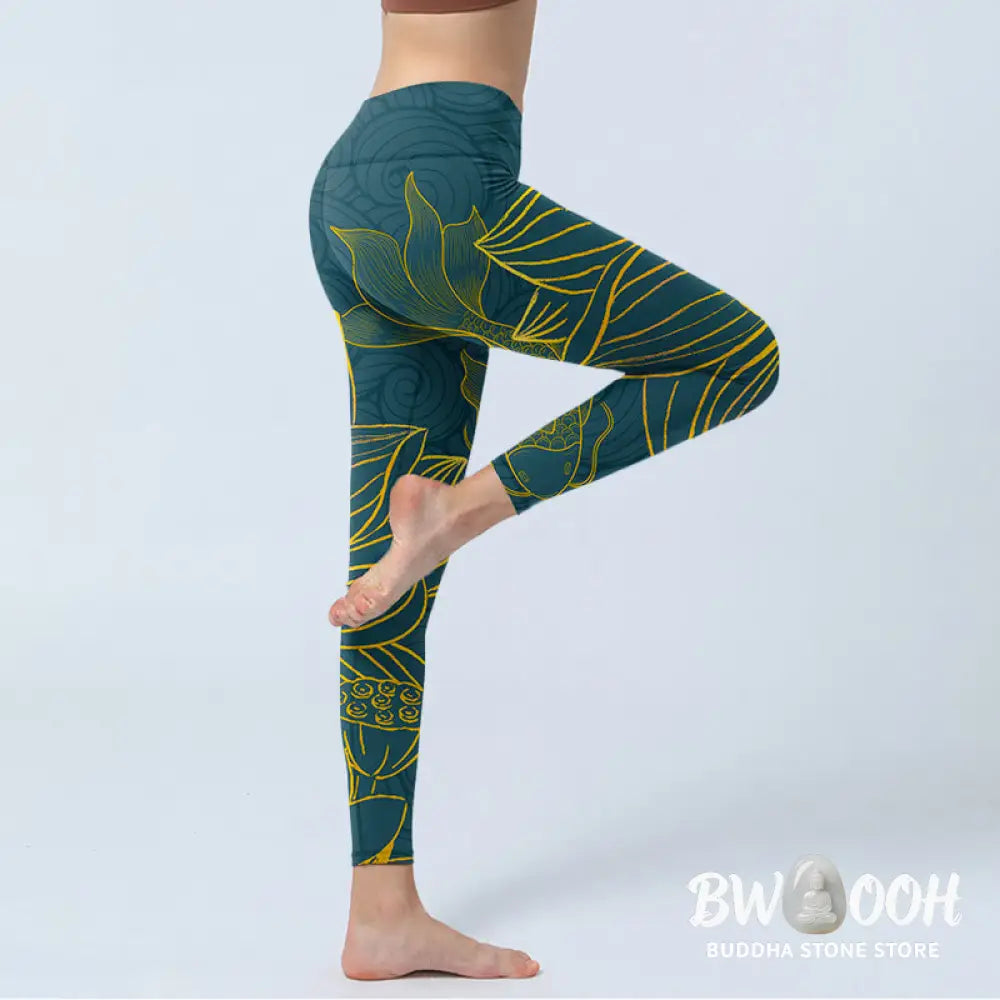 BWOOOH lotus print yoga leggings - Gray Golden Koi Fish Lotus Print Gym Leg