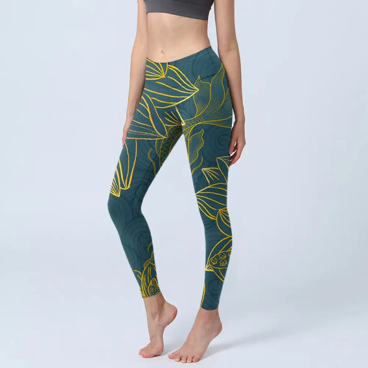 BWOOOH lotus print yoga leggings - Gray Golden Koi Fish Lotus Print Gym Leg