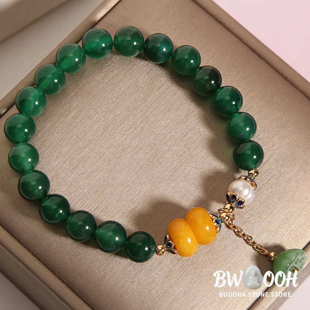 Buddha Stones Green Agate Amber Pearl Lotus Pod Support Bracelet - BWOOOH - Green Agate(Wrist Circumference 14-17cm)