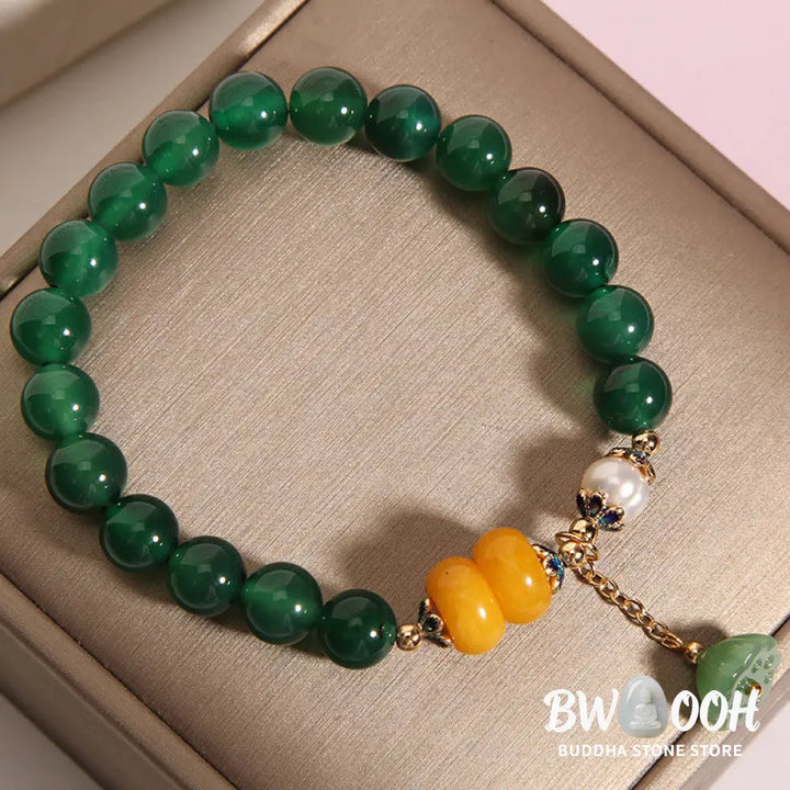 Buddha Stones Green Agate Amber Pearl Lotus Pod Support Bracelet - BWOOOH - Green Agate(Wrist Circumference 14-17cm)