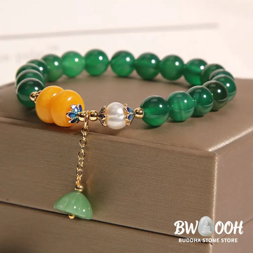 Buddha Stones Green Agate Amber Pearl Lotus Pod Support Bracelet - BWOOOH - Green Agate(Wrist Circumference 14-17cm)
