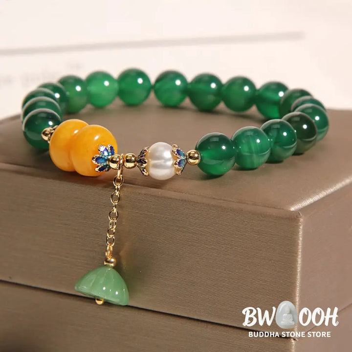 Buddha Stones Green Agate Amber Pearl Lotus Pod Support Bracelet - BWOOOH - Green Agate(Wrist Circumference 14-17cm)