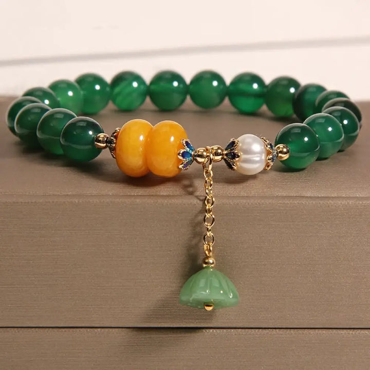 BWOOOH Green Agate Amber Pearl Lotus Pod Support Bracelet - BWOOOH - Green Agate(Wrist Circumference 14-17cm)