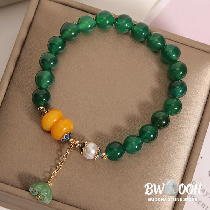 Buddha Stones Green Agate Amber Pearl Lotus Pod Support Bracelet - BWOOOH - Green Agate(Wrist Circumference 14-17cm)