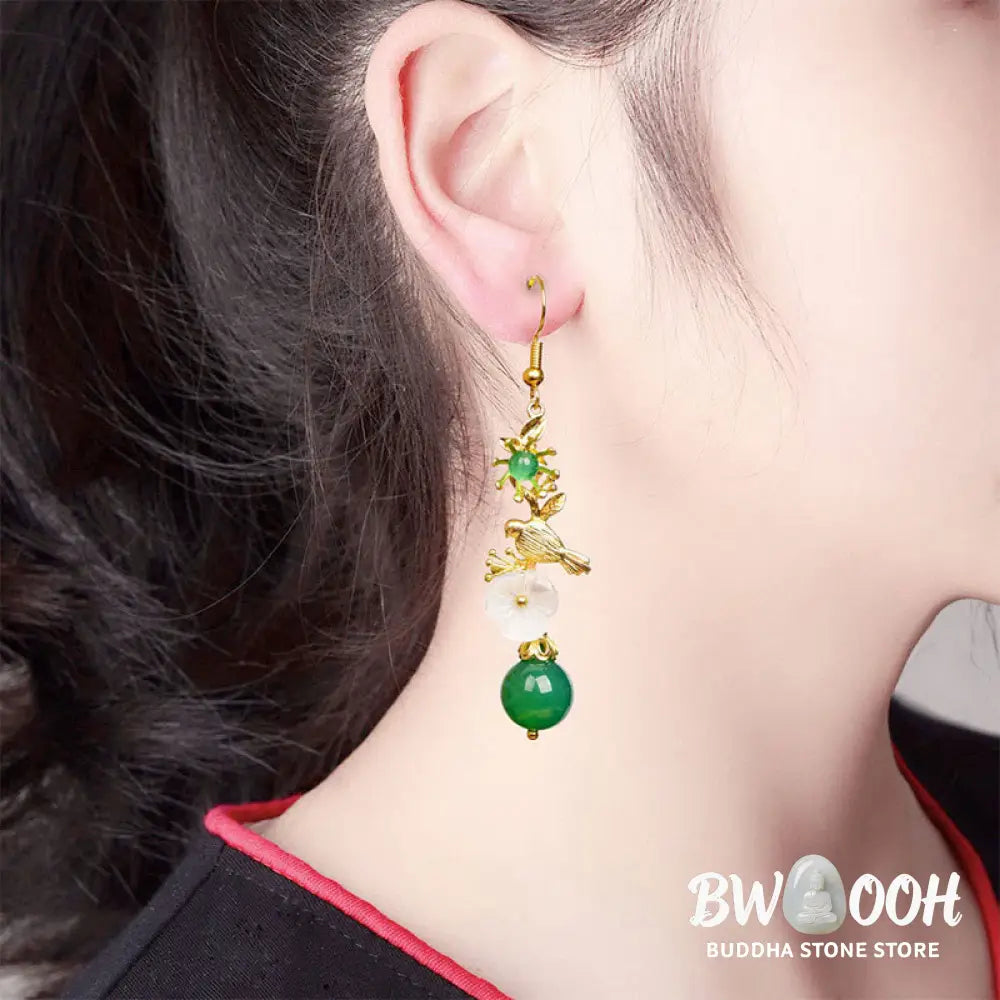 Buddha Stones Green Agate Bead White Flower Bird Power Drop Earrings - Green Agate(Copper Posts) - Earrings