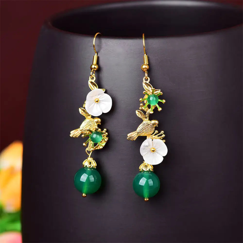 BWOOOH Green Agate Bead White Flower Bird Power Drop Earrings — Green Agate crystal healing bracelet for spiritual healing...