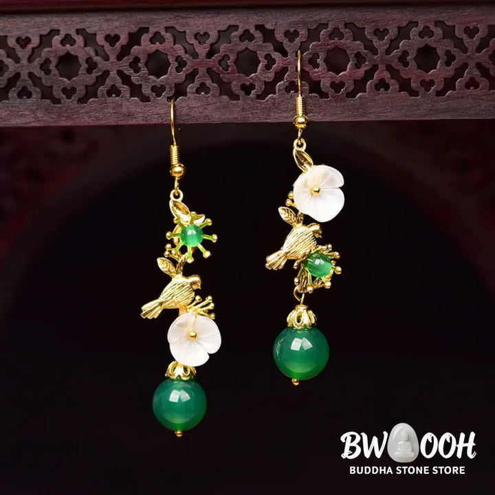 Buddha Stones Green Agate Bead White Flower Bird Power Drop Earrings - Green Agate(Copper Posts) - Earrings