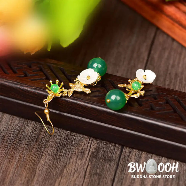 Buddha Stones Green Agate Bead White Flower Bird Power Drop Earrings - Green Agate(Copper Posts) - Earrings