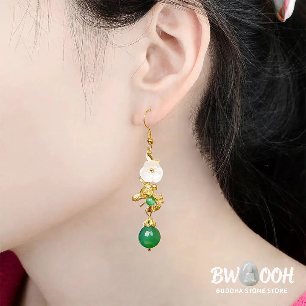 Buddha Stones Green Agate Bead White Flower Bird Power Drop Earrings - Green Agate(Copper Posts) - Earrings