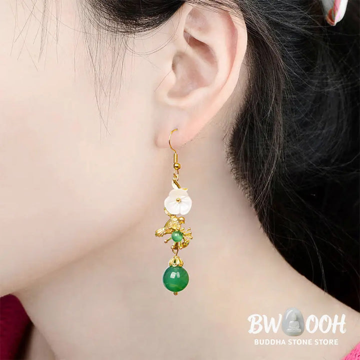 Buddha Stones Green Agate Bead White Flower Bird Power Drop Earrings - Green Agate(Copper Posts) - Earrings