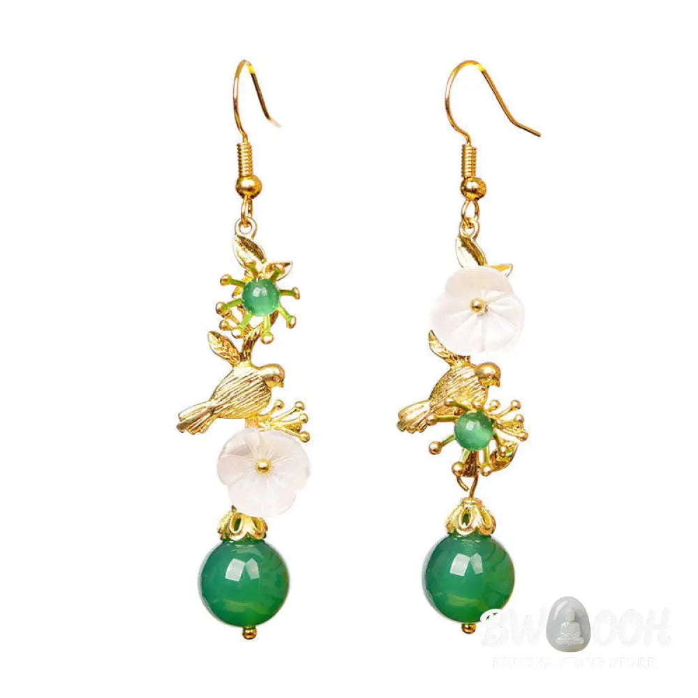 Buddha Stones Green Agate Bead White Flower Bird Power Drop Earrings - Green Agate(Copper Posts) - Earrings