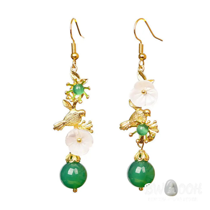 Buddha Stones Green Agate Bead White Flower Bird Power Drop Earrings - Green Agate(Copper Posts) - Earrings
