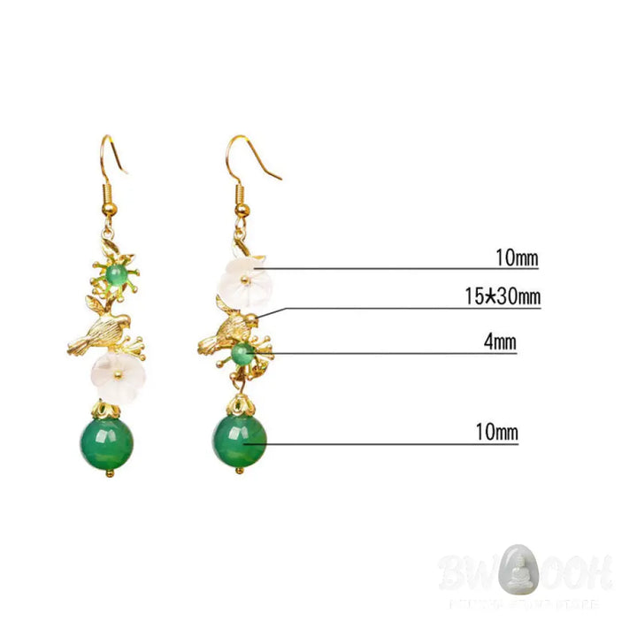 Buddha Stones Green Agate Bead White Flower Bird Power Drop Earrings - Green Agate(Copper Posts) - Earrings