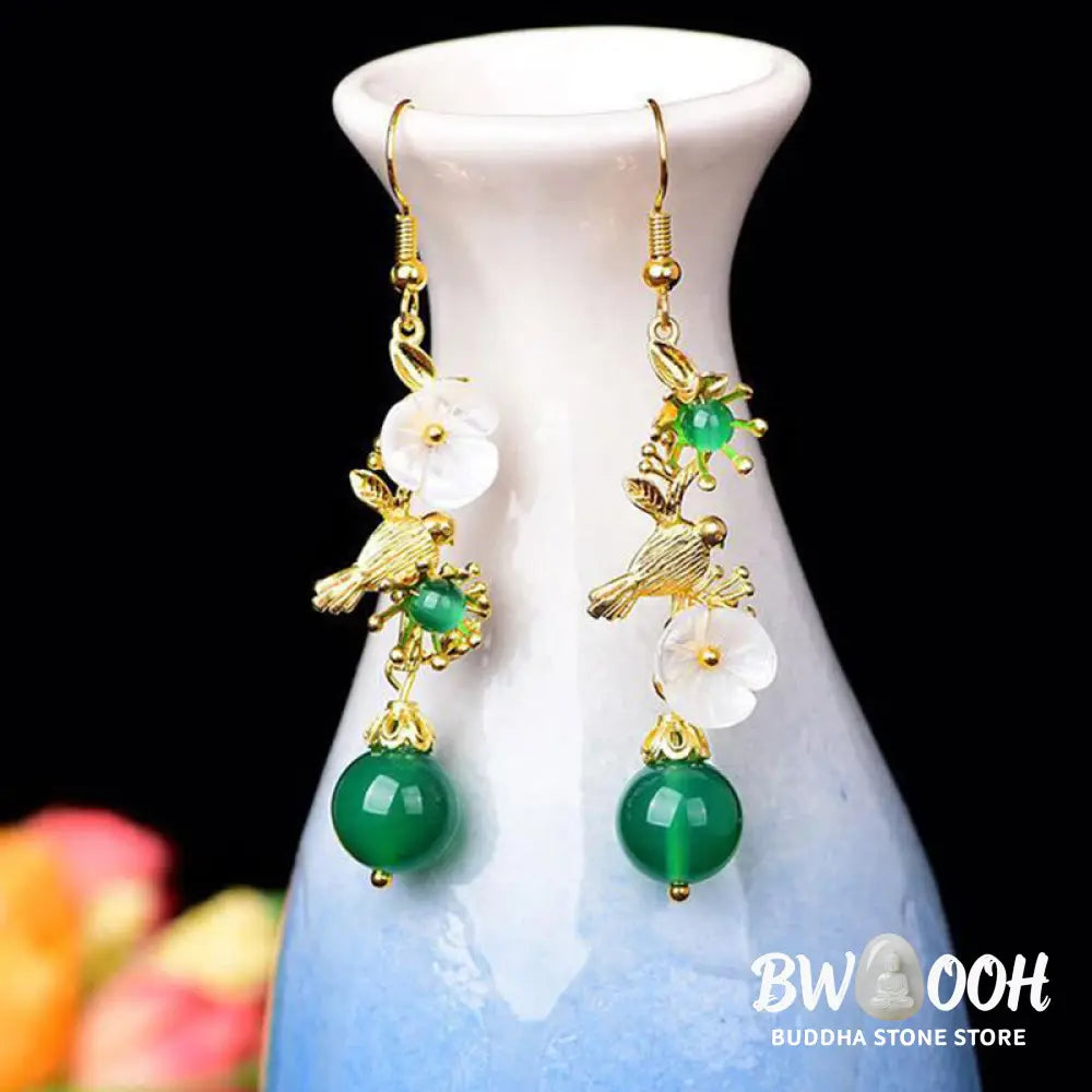 Buddha Stones Green Agate Bead White Flower Bird Power Drop Earrings - Green Agate(Copper Posts) - Earrings