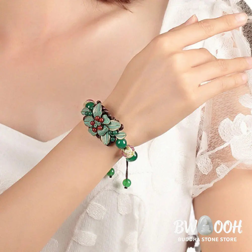 Buddha Stones Green Agate Glass Flower Beads Braided Knot Support Bracelet - BWOOOH - Green Agate(Wrist Circumference:
