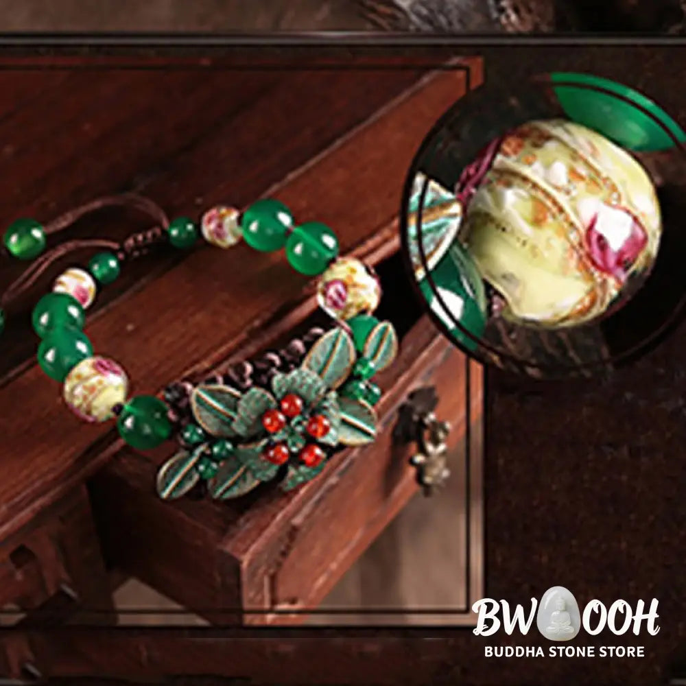 Buddha Stones Green Agate Glass Flower Beads Braided Knot Support Bracelet - BWOOOH - Green Agate(Wrist Circumference: