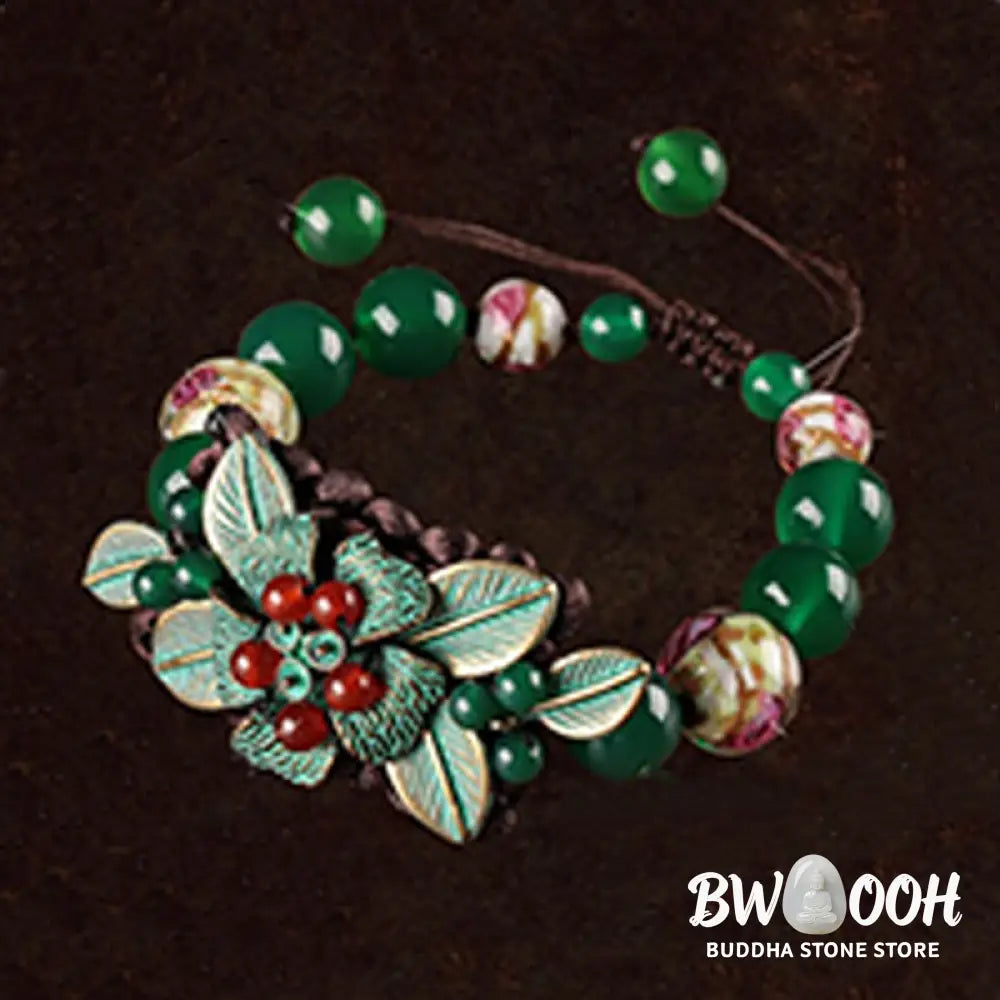 Buddha Stones Green Agate Glass Flower Beads Braided Knot Support Bracelet - BWOOOH - Green Agate(Wrist Circumference: