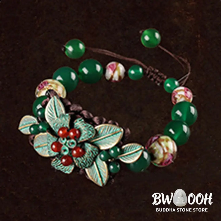 Buddha Stones Green Agate Glass Flower Beads Braided Knot Support Bracelet - BWOOOH - Green Agate(Wrist Circumference: