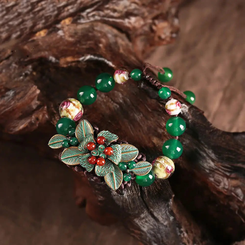 BWOOOH Green Agate Glass Flower Beads Braided Knot Support Bracelet — Green Agate Tibetan bracelet for spiritual healing a...