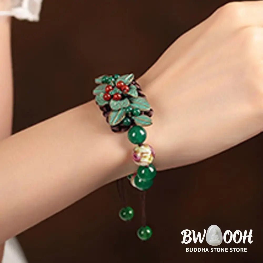Buddha Stones Green Agate Glass Flower Beads Braided Knot Support Bracelet - BWOOOH - Green Agate(Wrist Circumference: