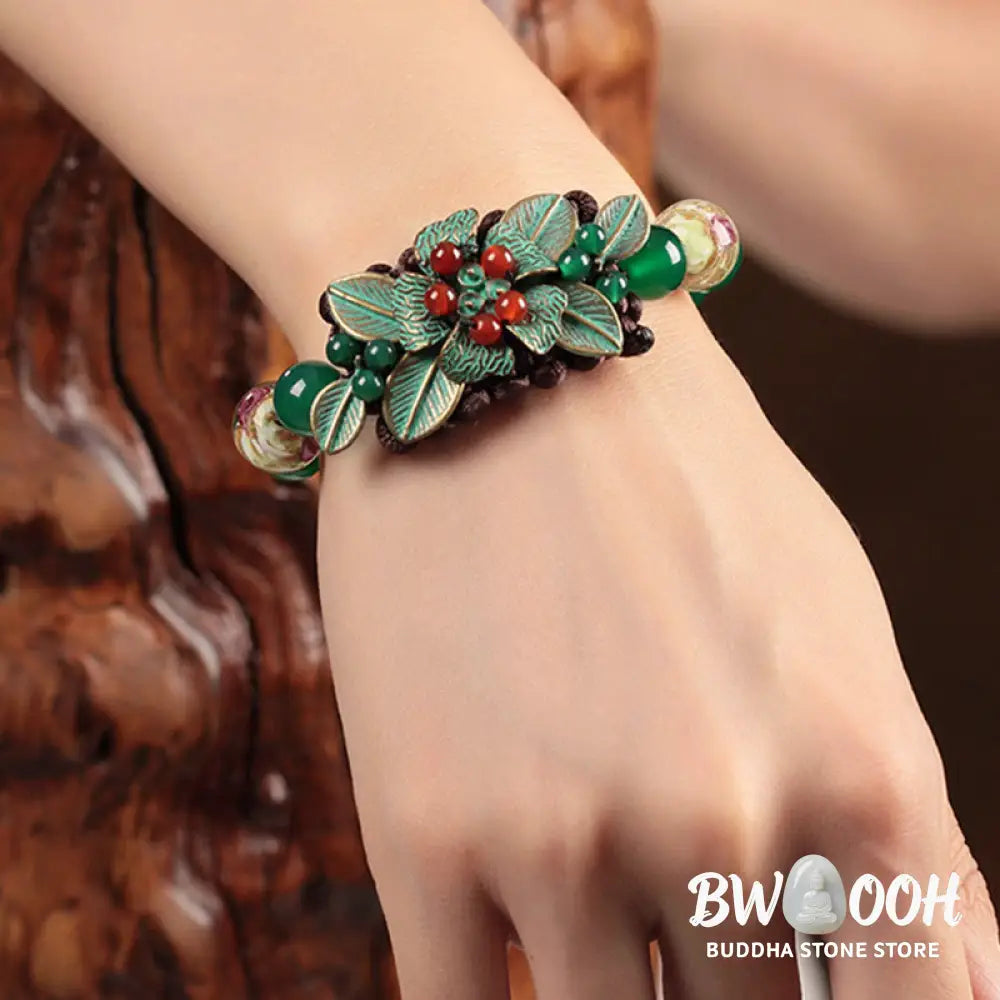 Buddha Stones Green Agate Glass Flower Beads Braided Knot Support Bracelet - BWOOOH - Green Agate(Wrist Circumference: