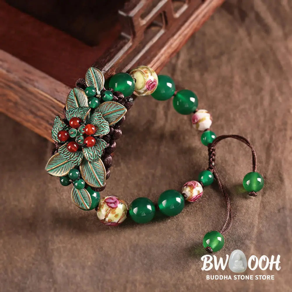 Buddha Stones Green Agate Glass Flower Beads Braided Knot Support Bracelet - BWOOOH - Green Agate(Wrist Circumference: