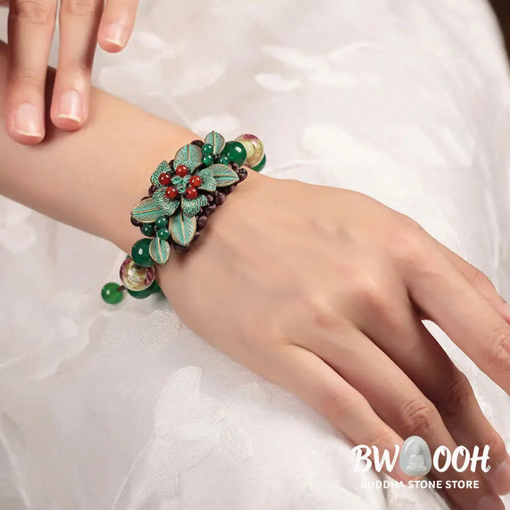 Buddha Stones Green Agate Glass Flower Beads Braided Knot Support Bracelet - BWOOOH - Green Agate(Wrist Circumference: