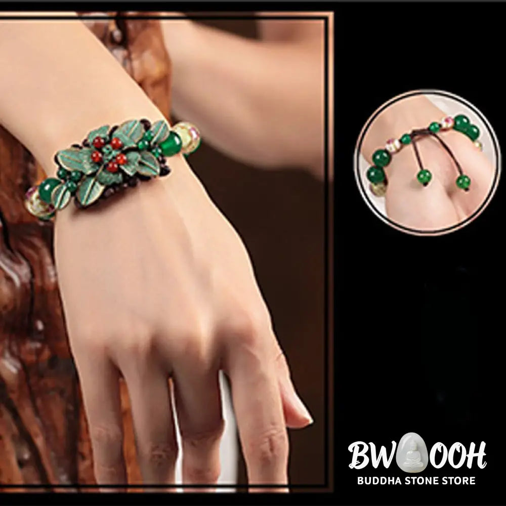 Buddha Stones Green Agate Glass Flower Beads Braided Knot Support Bracelet - BWOOOH - Green Agate(Wrist Circumference: