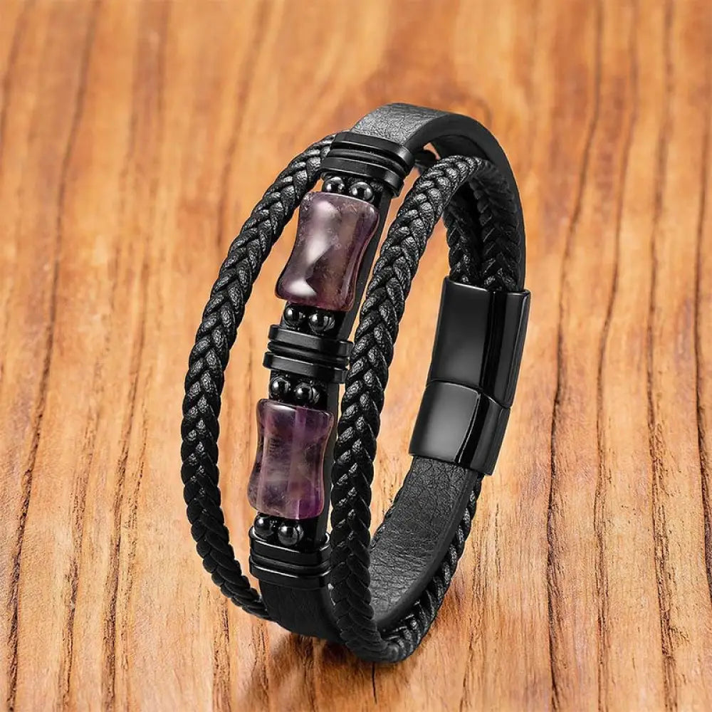Buddha Stones Green Aventurine Amethyst Black Onyx Pink Crystal Positivity Braided Leather Bracelet - Amethyst