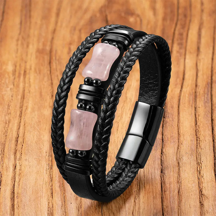 Buddha Stones Green Aventurine Amethyst Black Onyx Pink Crystal Positivity Braided Leather Bracelet - Pink Crystal