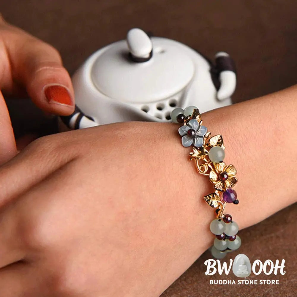 Buddha Stones Green Aventurine Garnet Bead Flower Petal Luck Bracelet - BWOOOH - Bracelet