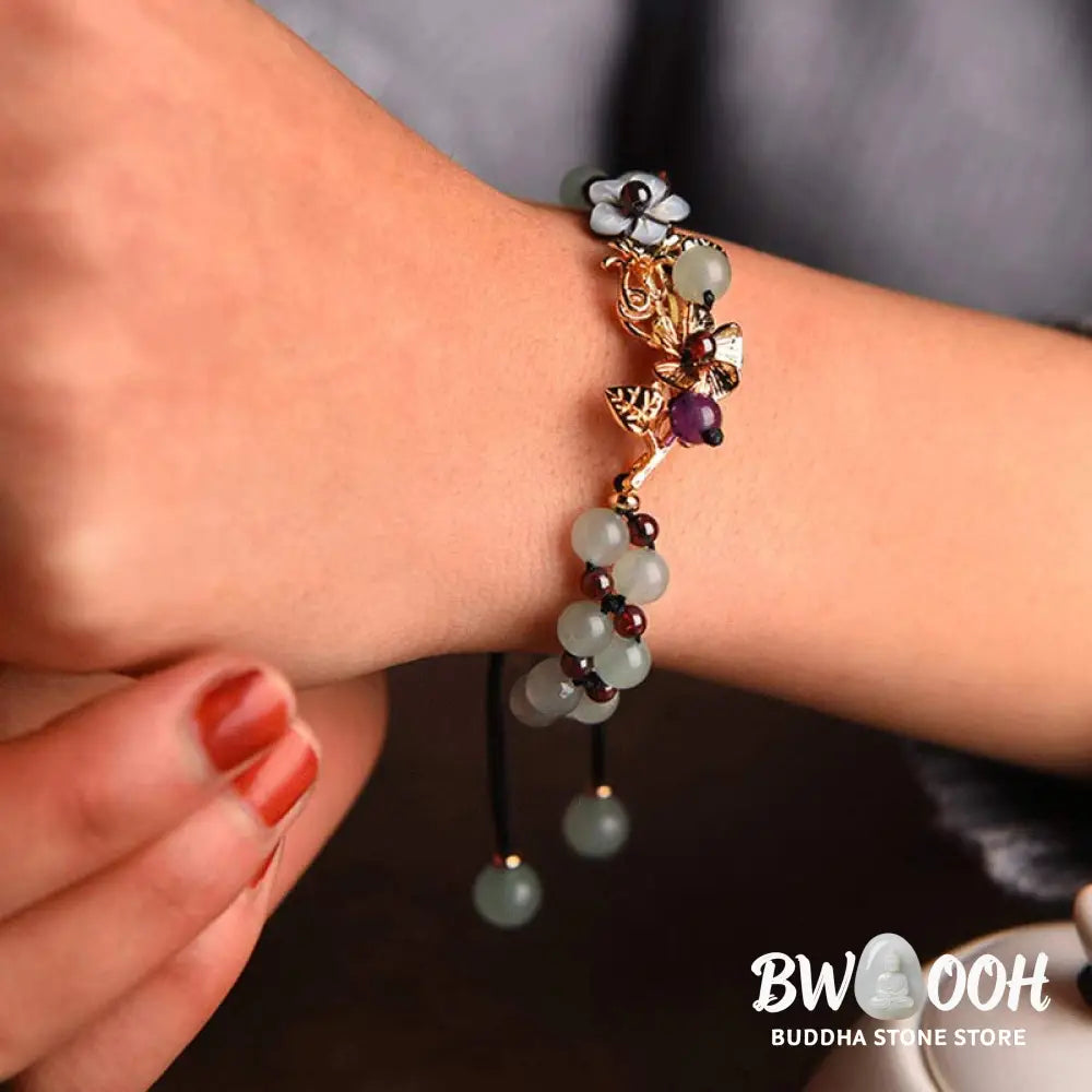 Buddha Stones Green Aventurine Garnet Bead Flower Petal Luck Bracelet - BWOOOH - Bracelet
