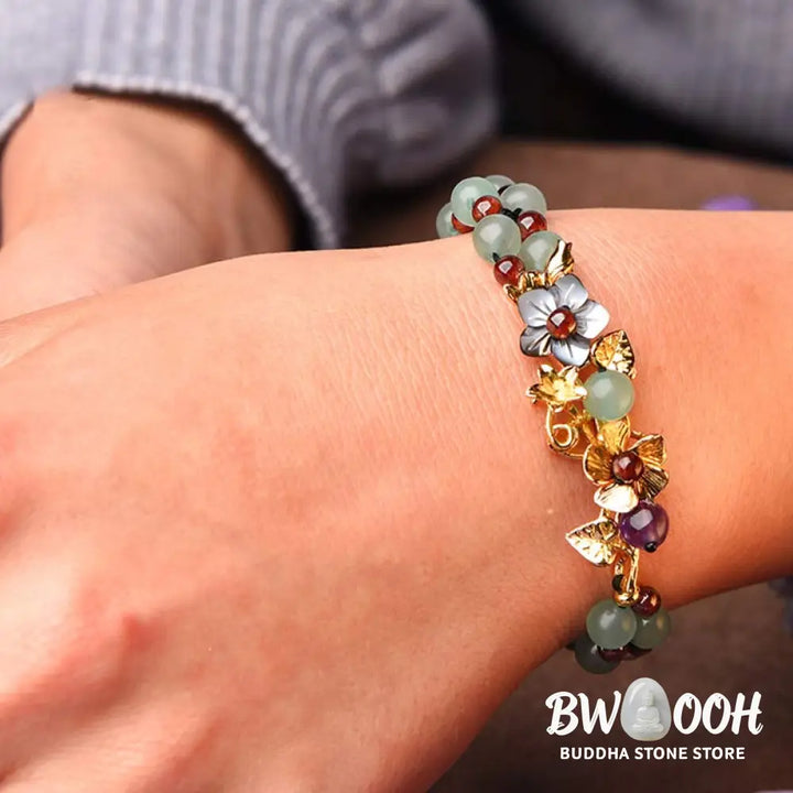 Buddha Stones Green Aventurine Garnet Bead Flower Petal Luck Bracelet - BWOOOH - Bracelet