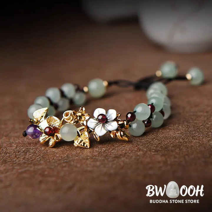 Buddha Stones Green Aventurine Garnet Bead Flower Petal Luck Bracelet - BWOOOH - Bracelet