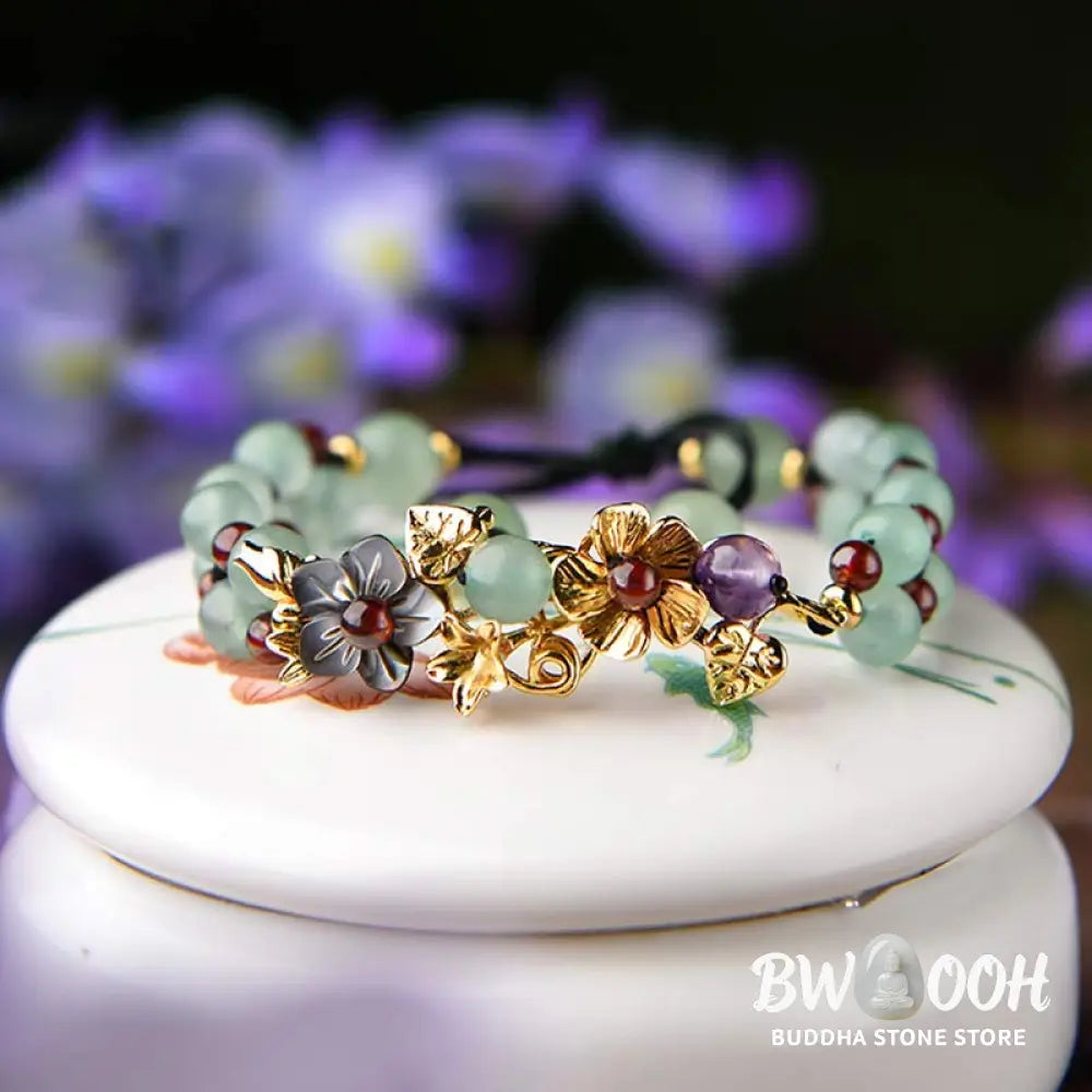 Buddha Stones Green Aventurine Garnet Bead Flower Petal Luck Bracelet - BWOOOH - Bracelet