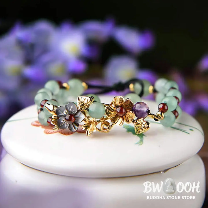 Buddha Stones Green Aventurine Garnet Bead Flower Petal Luck Bracelet - BWOOOH - Bracelet