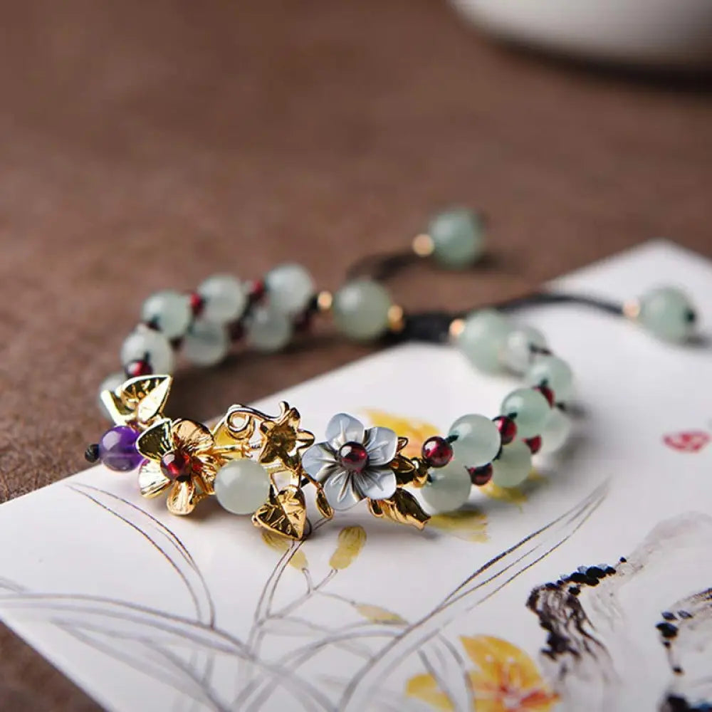 Buddha Stones Green Aventurine Garnet Bead Flower Petal Luck Bracelet - BWOOOH - Green Aventurine / Gold Flower