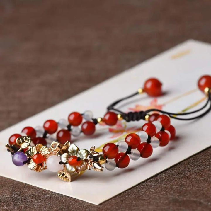 Buddha Stones Green Aventurine Garnet Bead Flower Petal Luck Bracelet - BWOOOH - Garnet / Gold Flower - Bracelet