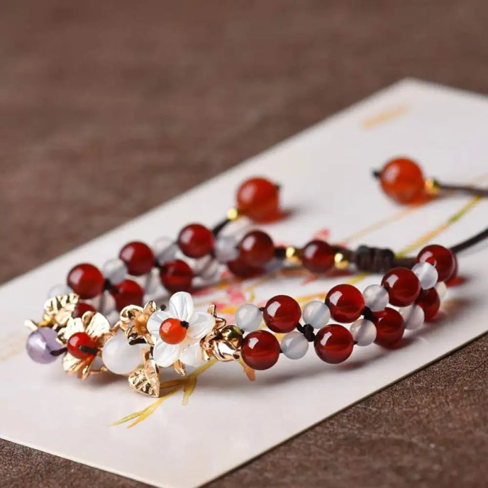 Buddha Stones Green Aventurine Garnet Bead Flower Petal Luck Bracelet - BWOOOH - Garnet / White Flower - Bracelet