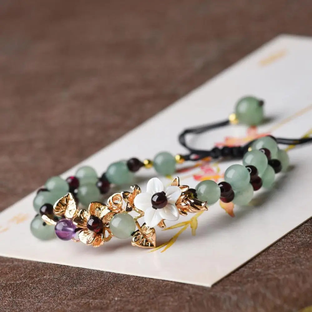 Buddha Stones Green Aventurine Garnet Bead Flower Petal Luck Bracelet - BWOOOH - Green Aventurine / White Flower