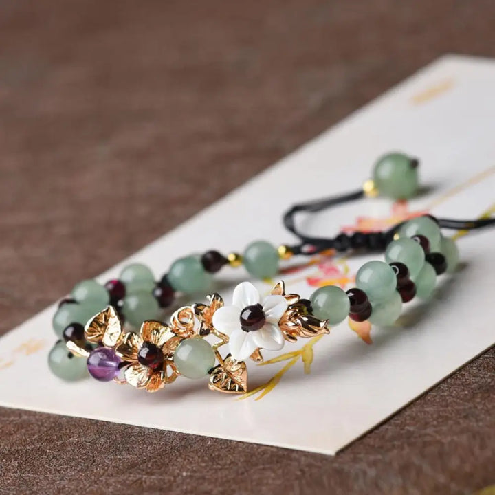 Buddha Stones Green Aventurine Garnet Bead Flower Petal Luck Bracelet - BWOOOH - Green Aventurine / White Flower