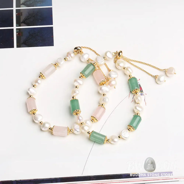 Buddha Stones Green Aventurine Pearl Pink Crystal Bead Luck Bracelet - Bracelet
