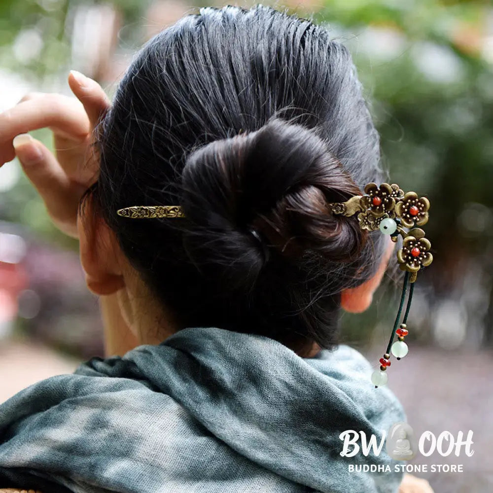 Buddha Stones Green Aventurine Red Agate Alloy Flowers Soothing Hairpin - Alloy Hairpin - Hairpin